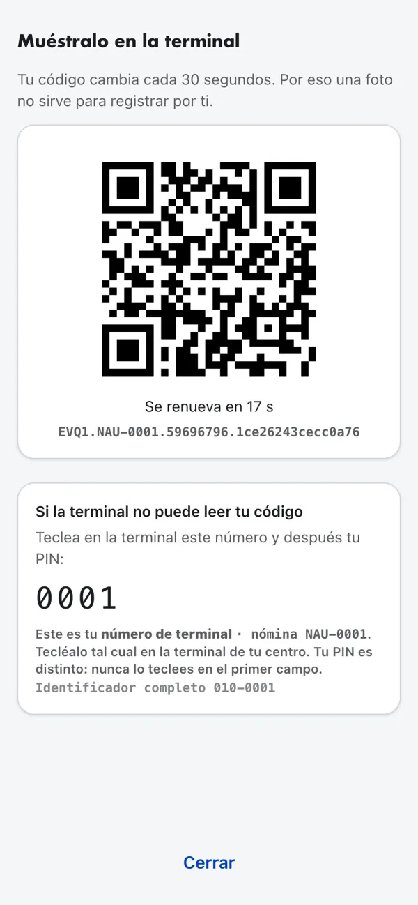 Credencial QR para la terminal que se renueva cada 30 segundos