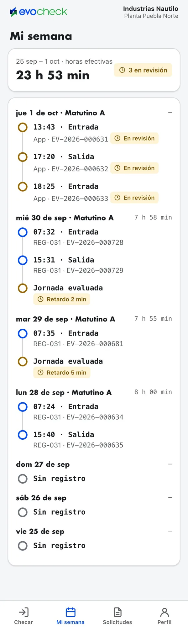 Pantalla Mi semana con registros por día