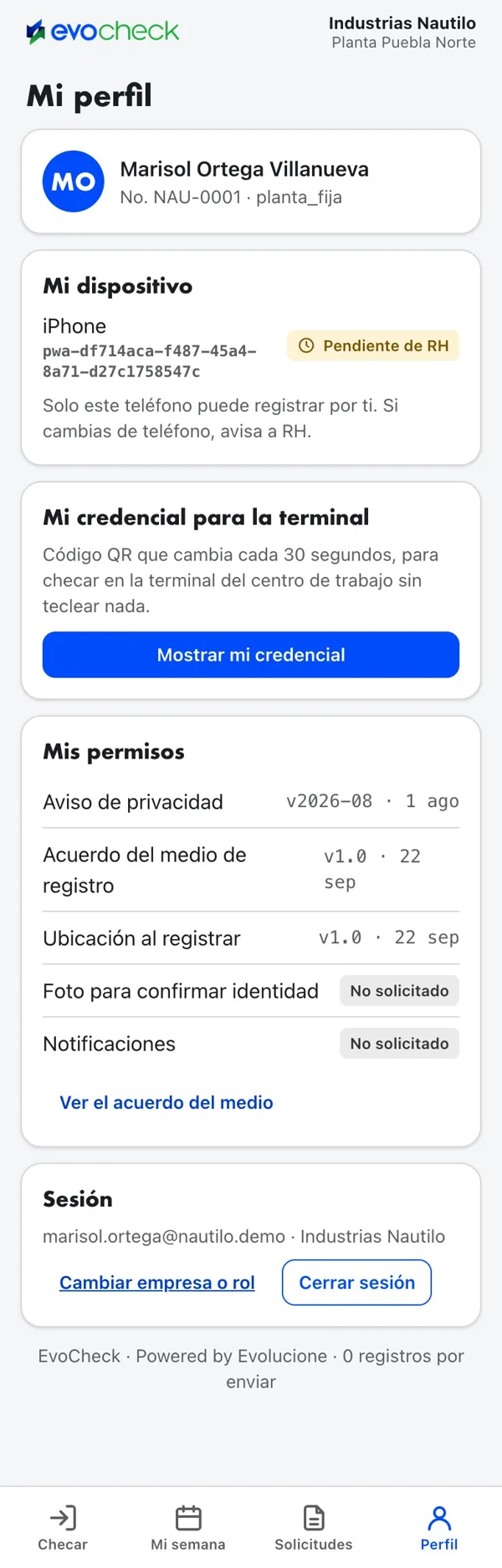 Pantalla Perfil con dispositivo, credencial y permisos aceptados