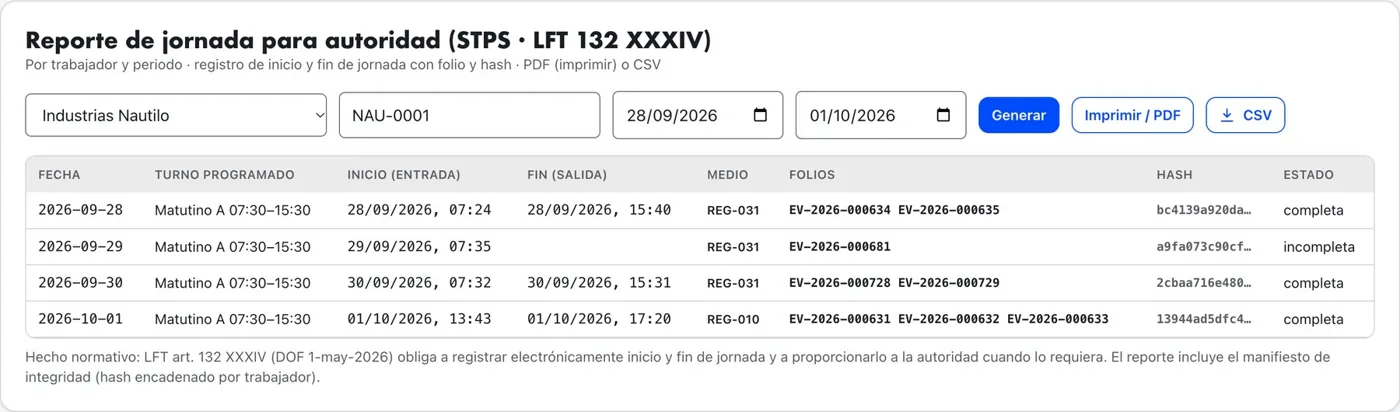 Reporte de jornada para autoridad con entrada, salida, medio, folios y hash por día